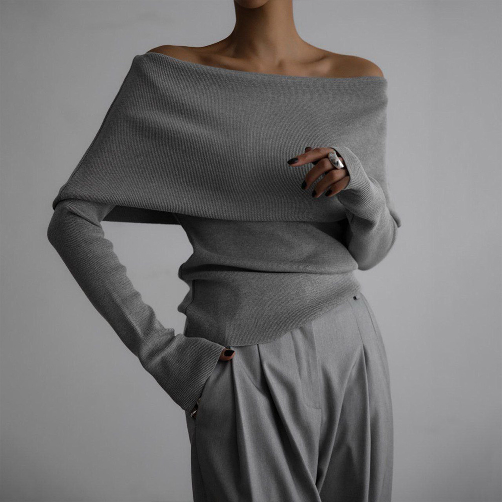 Women's Cross-Border Sweater 2025 Autumn/Winter European and American Style Long-Sleeved Knitted Base Layer Top, Off-Shoulder Sexy Slim Fit Top - Image 2