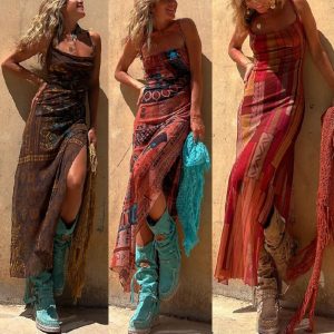 Printed Mesh Spaghetti-Strap Dress with Slit