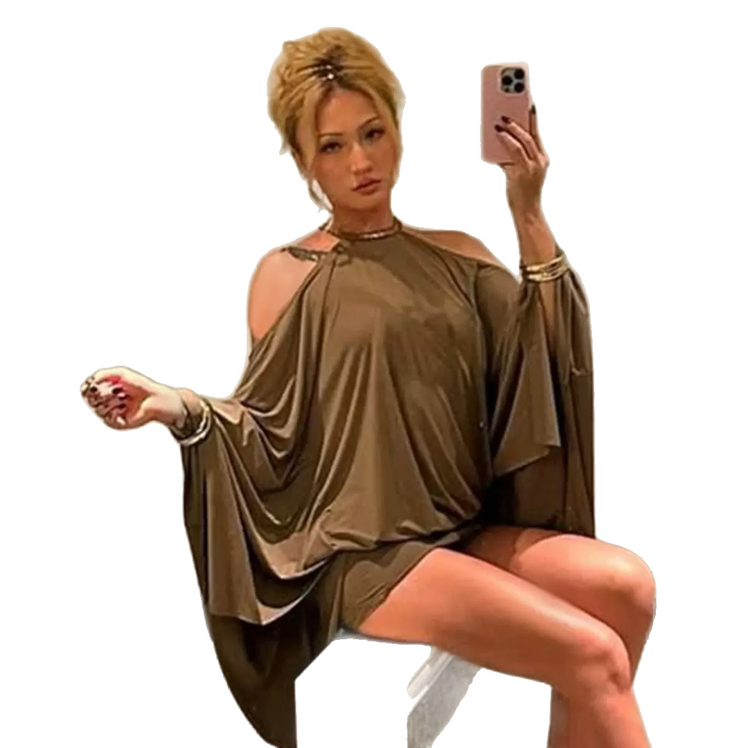 New European and American style sexy off-shoulder and hip-revealing loose batwing sleeve dress with halter neck design - Image 5