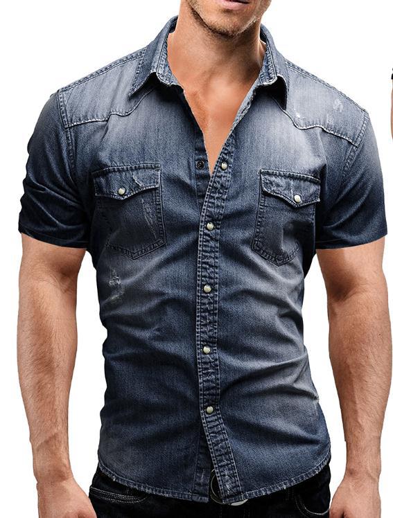 Hong Kong trendy brand 2023 summer new casual solid color men's denim short-sleeved shirt casual large size designer style - Image 7