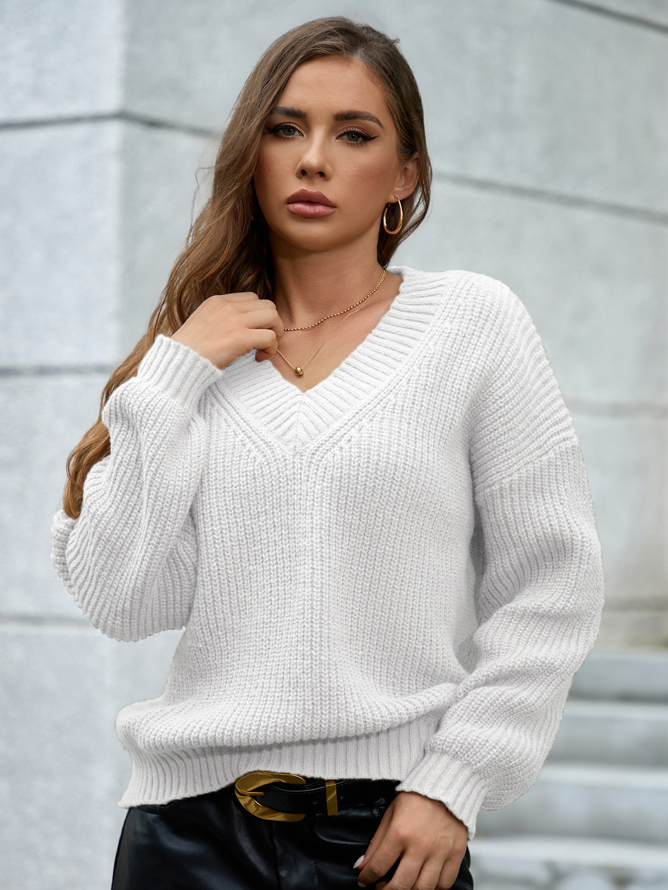 Amazon-style V-neck pullover long-sleeved sweater, cross-border foreign trade women's clothing, fashionable solid color, versatile knitted top. - Image 7
