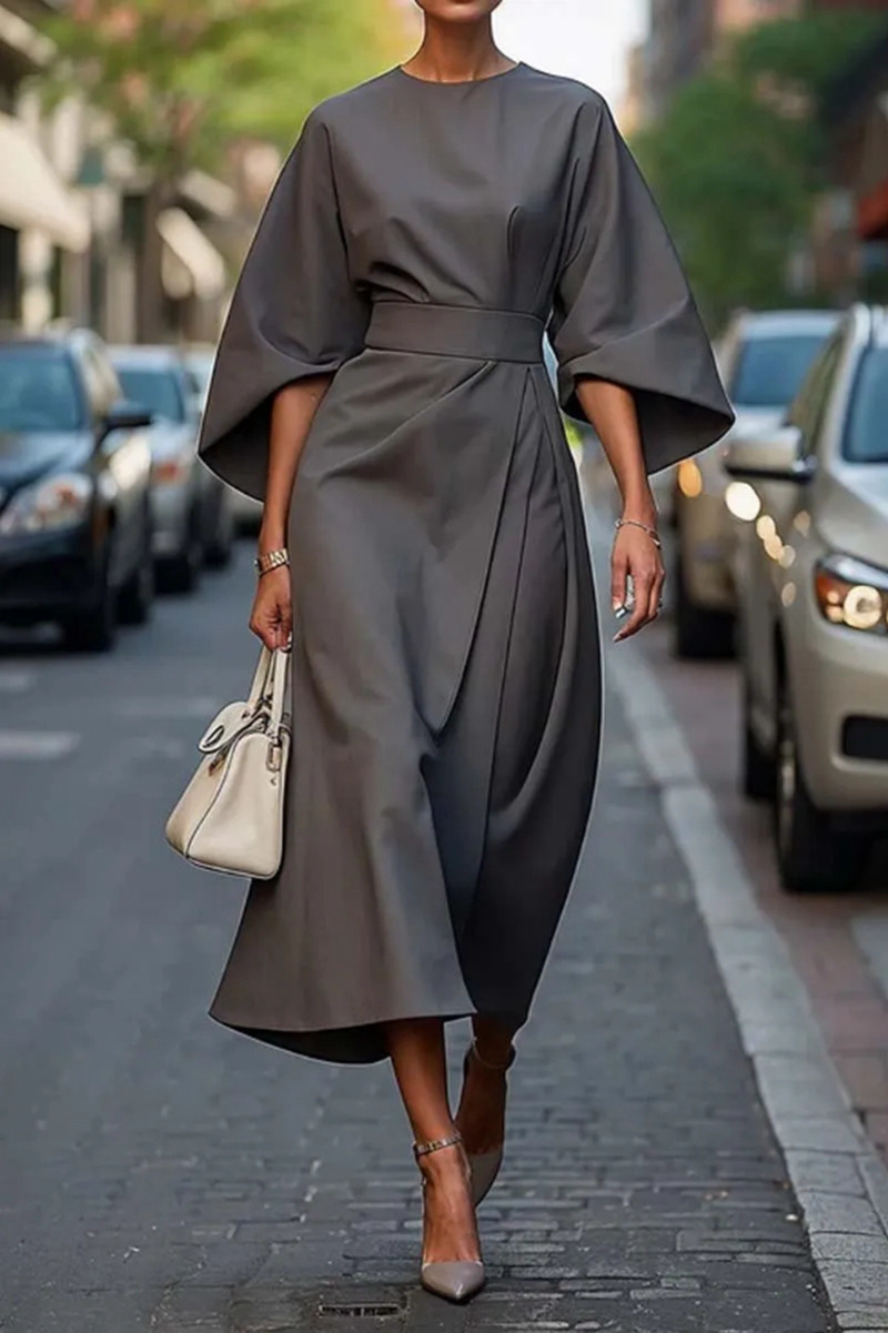 2025 Foreign Trade Women's Clothing, European and American Cross-border Fashion, Elegant Solid Color Waist-cinching Dress, Casual Batwing Sleeve Long Skirt - Image 9