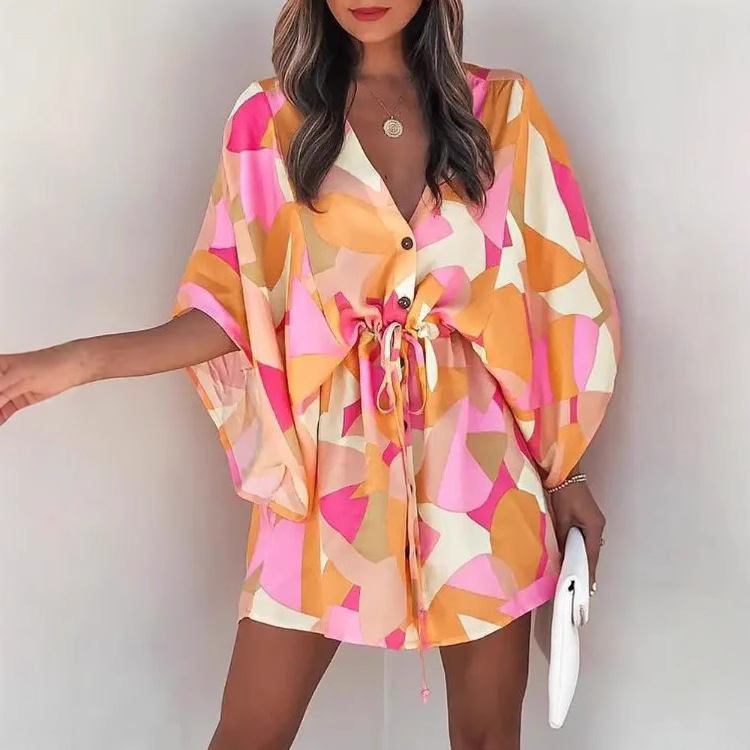 2023 Cross-border European and American Summer Flutter Sleeve A-line Dress Wish Amazon V-neck Tie-up Casual Vacation Short Dress - Image 2