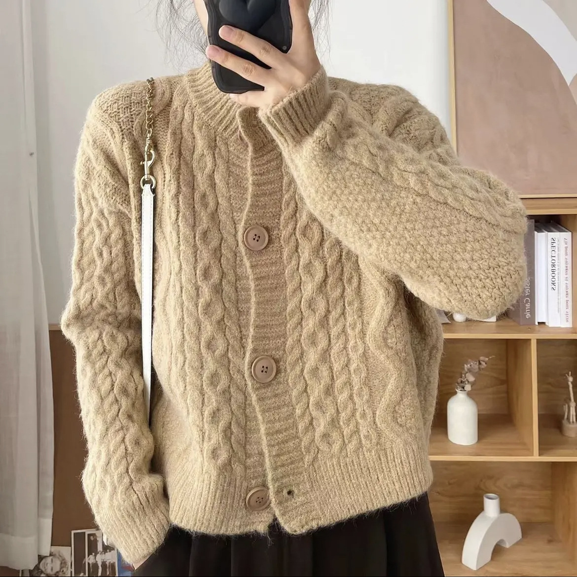 Retro cable knit crew neck sweater cardigan for women, new autumn and winter style, loose and casual, versatile and thick knitted top - Image 2