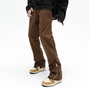 European and American high street brown micro flared zipper jeans men's winter American style trendy brand loose casual retro pants