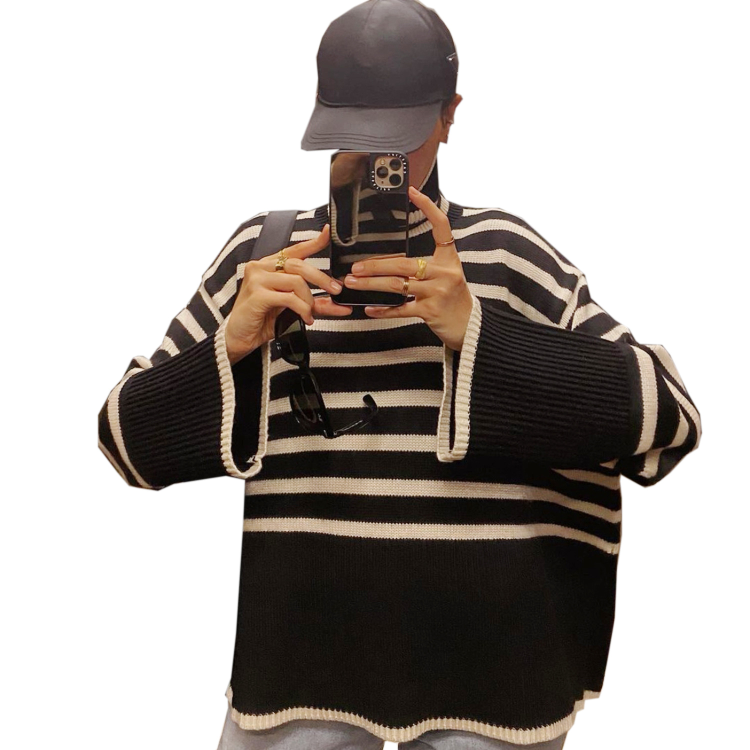 2021 cross-border autumn and winter new AliExpress Amazon popular women's high-neck knitted striped slit sweater top - Image 3