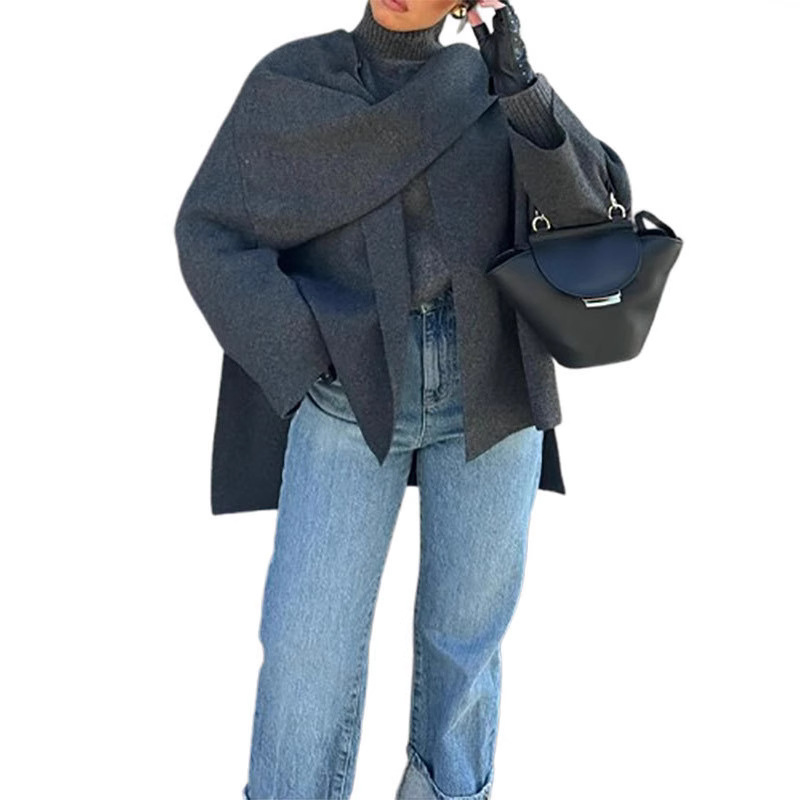 Knitted short long-sleeved coat, European and American cross-border autumn and winter lazy loose shawl cape scarf cardigan - Image 6