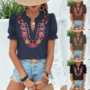 2025 European and American cross-border women's clothing Amazon Spring/Summer new V-neck floral embroidered bubble short-sleeved chiffon blouse