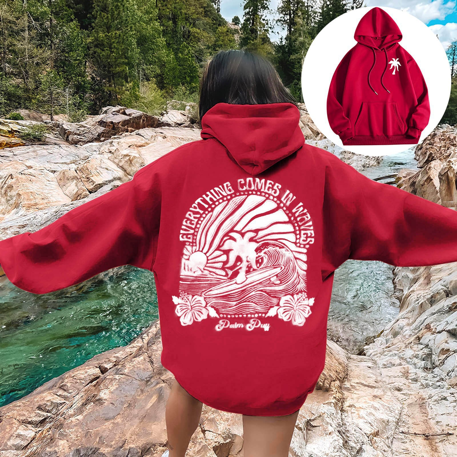 2024 New European Size Women's Drop Shoulder Sleeve Threaded Hawaii Hibiscus Brand Sweatshirt Hoodie Print - Image 8