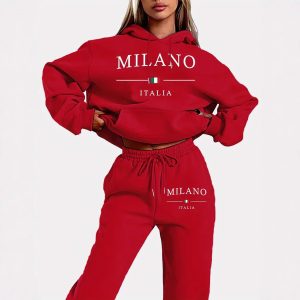 European and American cross-border 2025 spring and autumn new women's fashion sweater suit letter printing long-sleeved pullover hooded two-piece suit