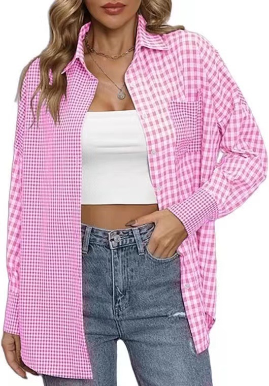 2023 Amazon women's spring and summer new cross-border European and American foreign trade ladies' fashion loose casual plaid shirt - Image 6