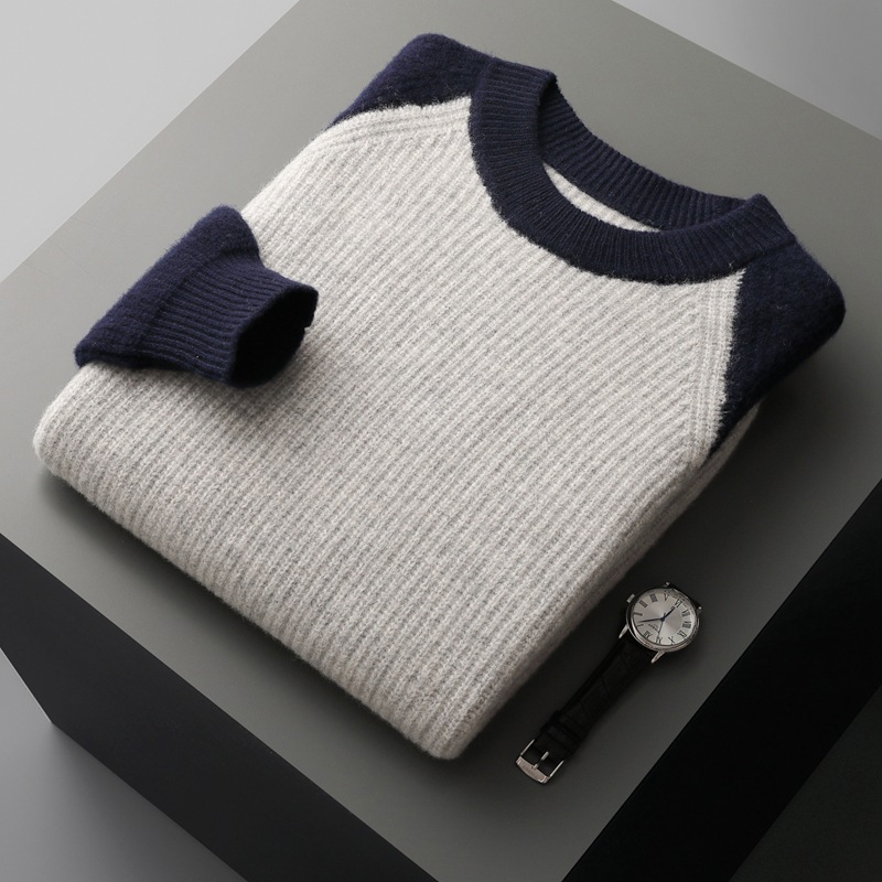 Autumn and winter new wool sweater men's color matching round neck Yuanbao needle thickened youth fashion casual knitted wool bottom - Image 6