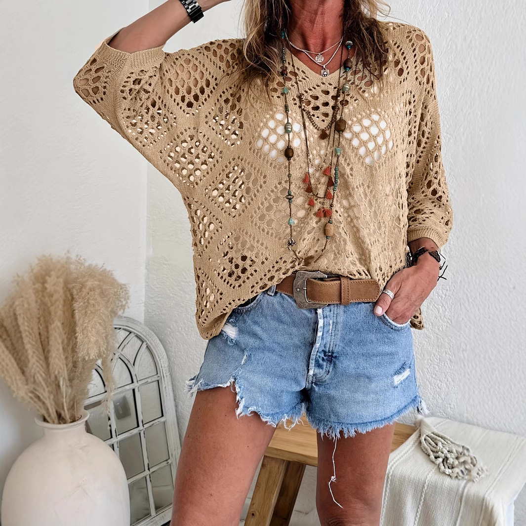 Cross-border e-commerce, Europe and America, Amazon Spring/Summer V-neck diamond-patterned openwork batwing sleeve women's sweater cover-up knitwear - Image 2
