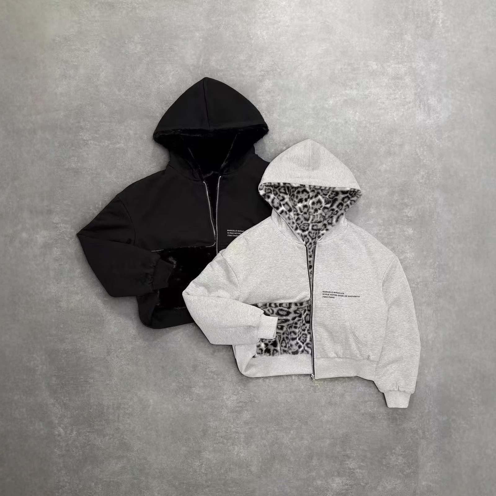 2025 European and American new autumn and winter new hooded sweatshirt reversible retro leopard print zipper hoodie loose top