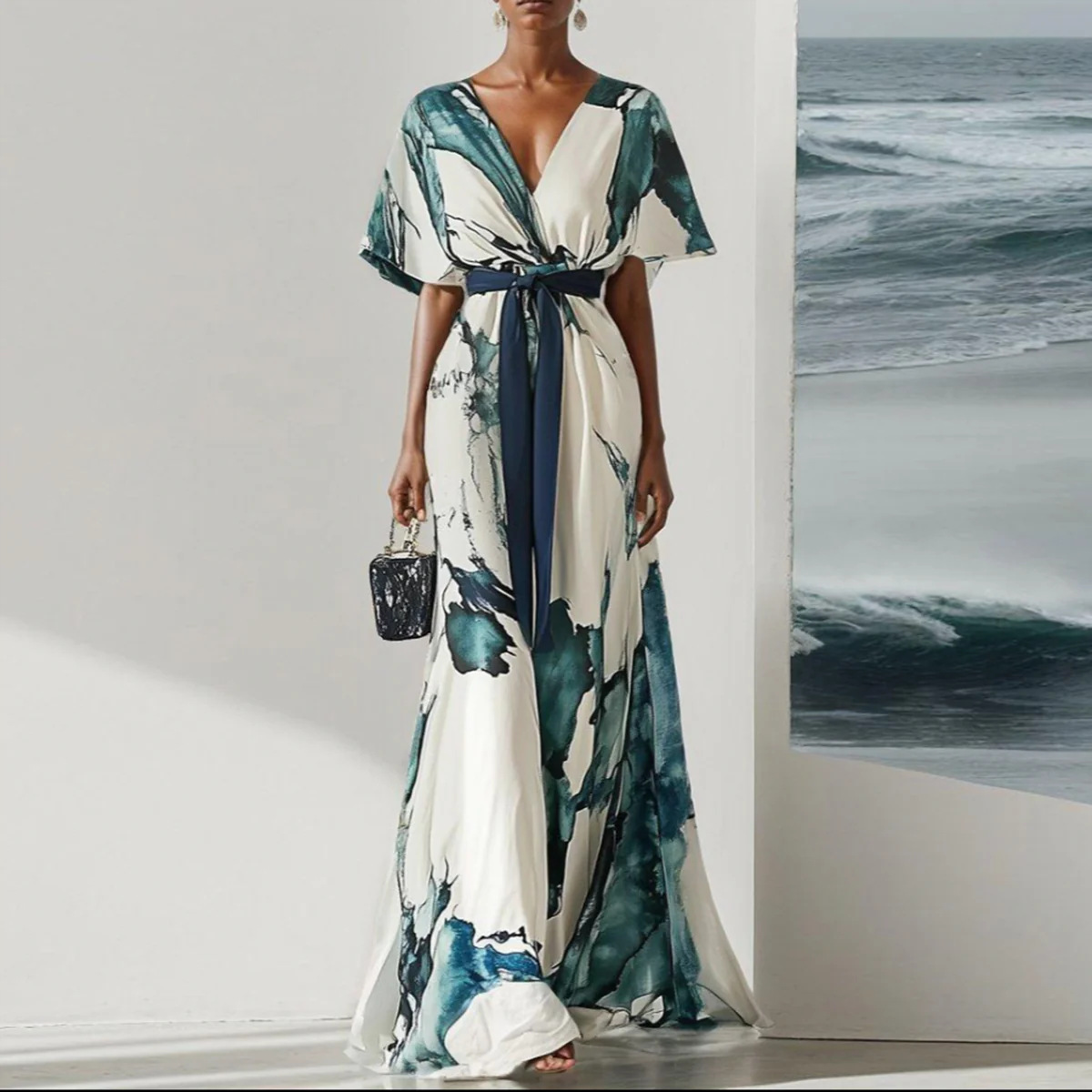 2025 European and American Women's Clothing Amazon Independent Website V-neck Digital Print Thin Rope Short Sleeve Dress Long Skirt