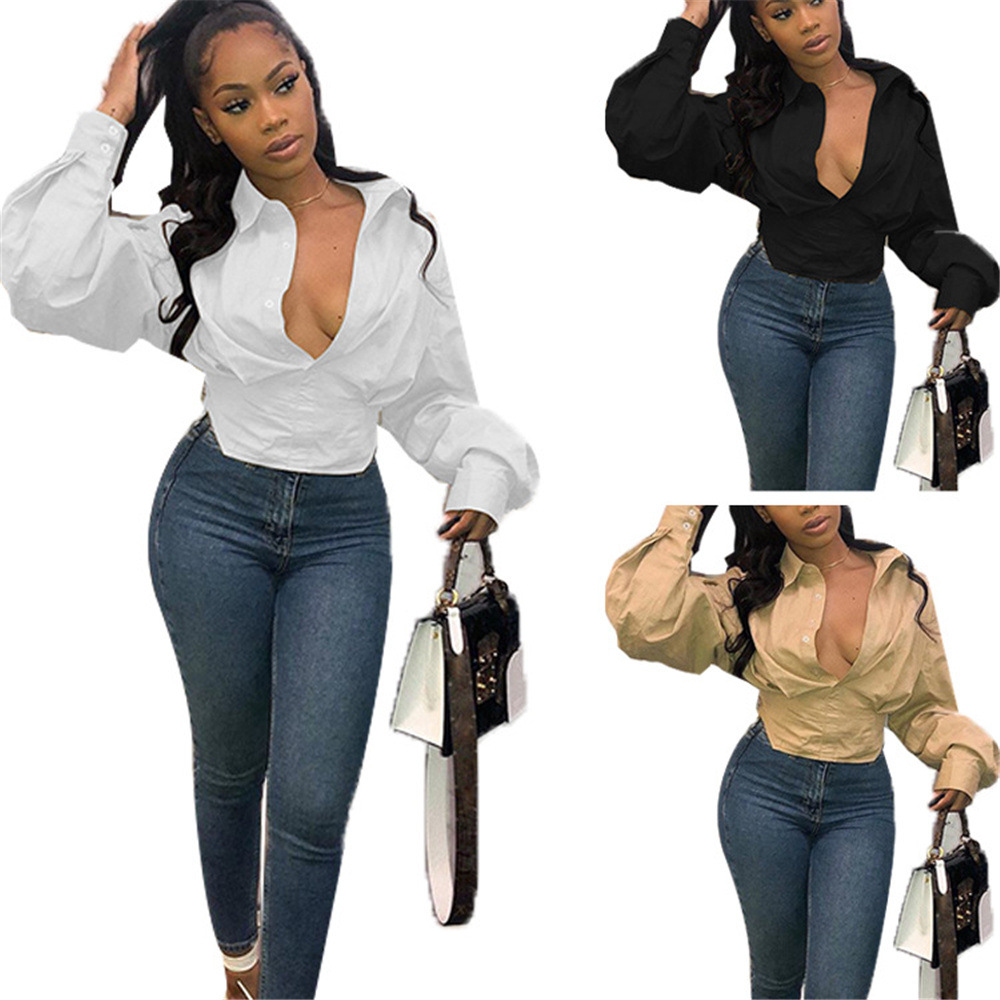 2021 spring and summer new products in Europe and America ebay AliExpress Amazon ladies lapel solid color lantern sleeve loose shirt - Image 7