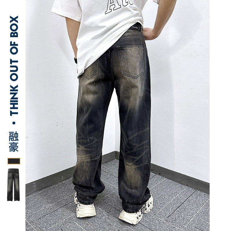 American style ink-splashed design, distressed retro straight jeans, street fashion, loose washed casual trousers for men - Image 4