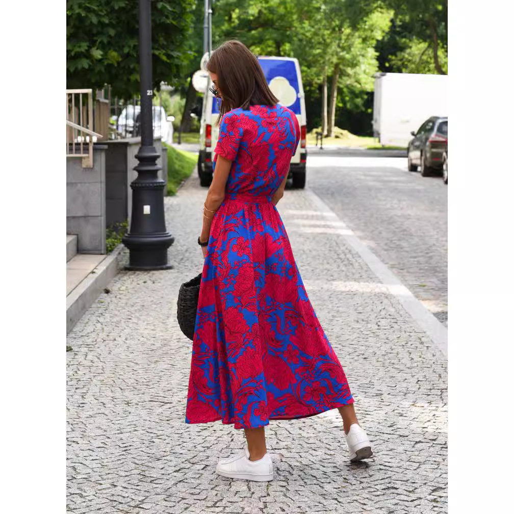 Amazon hot sale new summer European and American printed V-neck short-sleeved lace-up adjustable waist slit long skirt dress - Image 4