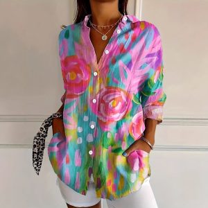 Women's collared shirt with floral print, new style, loose fit, cross-border fashion top, best-selling on Amazon Europe and America.