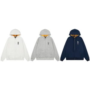 High-version QR code embroidered Ralph Bear full zip-up hooded unisex couple autumn/winter coat, loose fit.
