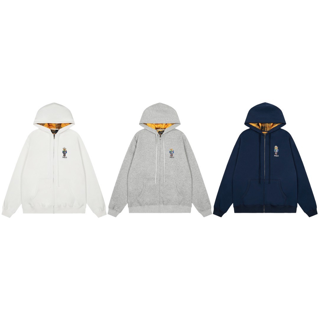 High-version QR code embroidered Ralph Bear full zip-up hooded unisex couple autumn/winter coat, loose fit.