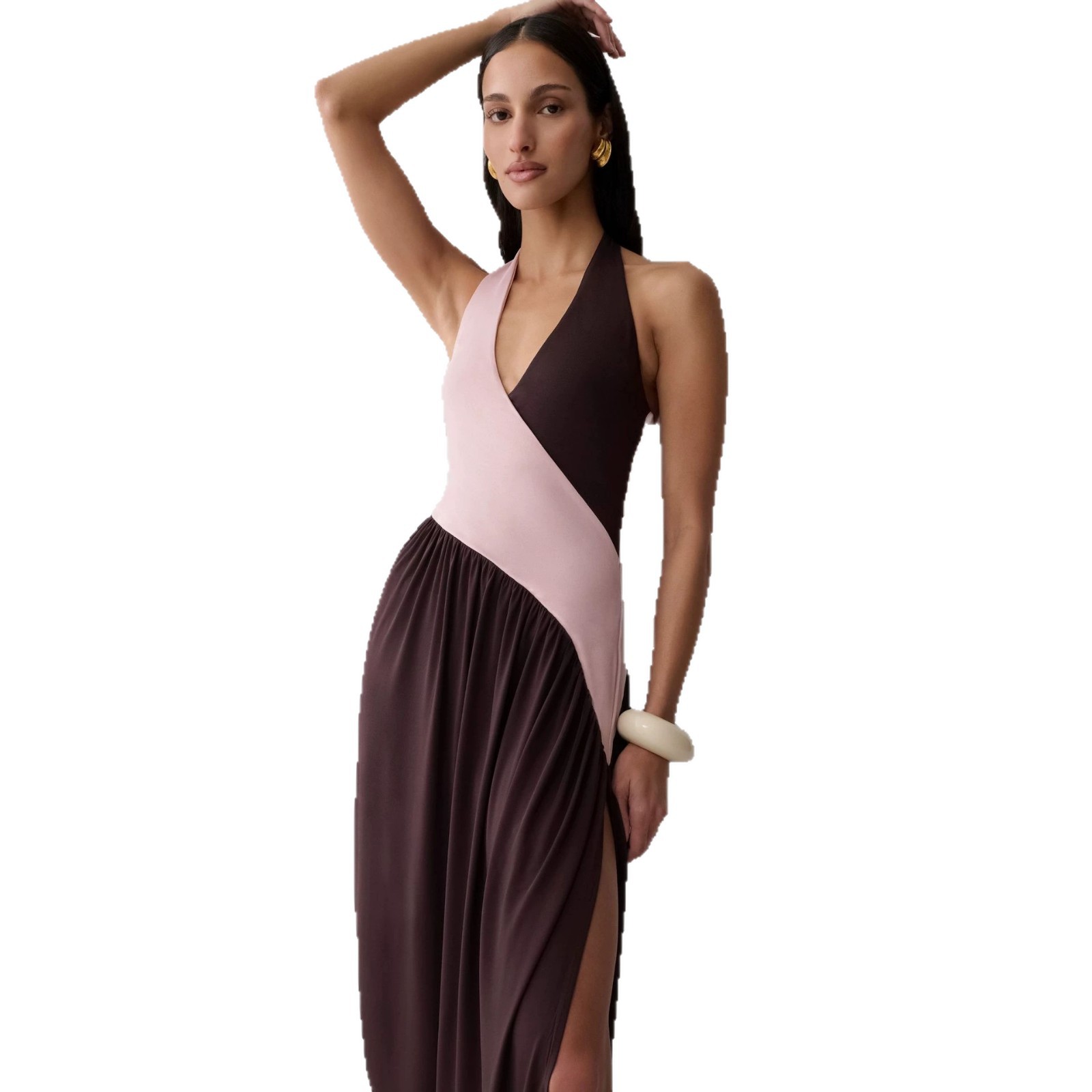 European and American style color-blocked halter neck dress, V-neck color-blocked pleated slit long vacation dress for women, summer and autumn, Amazon. - Image 6