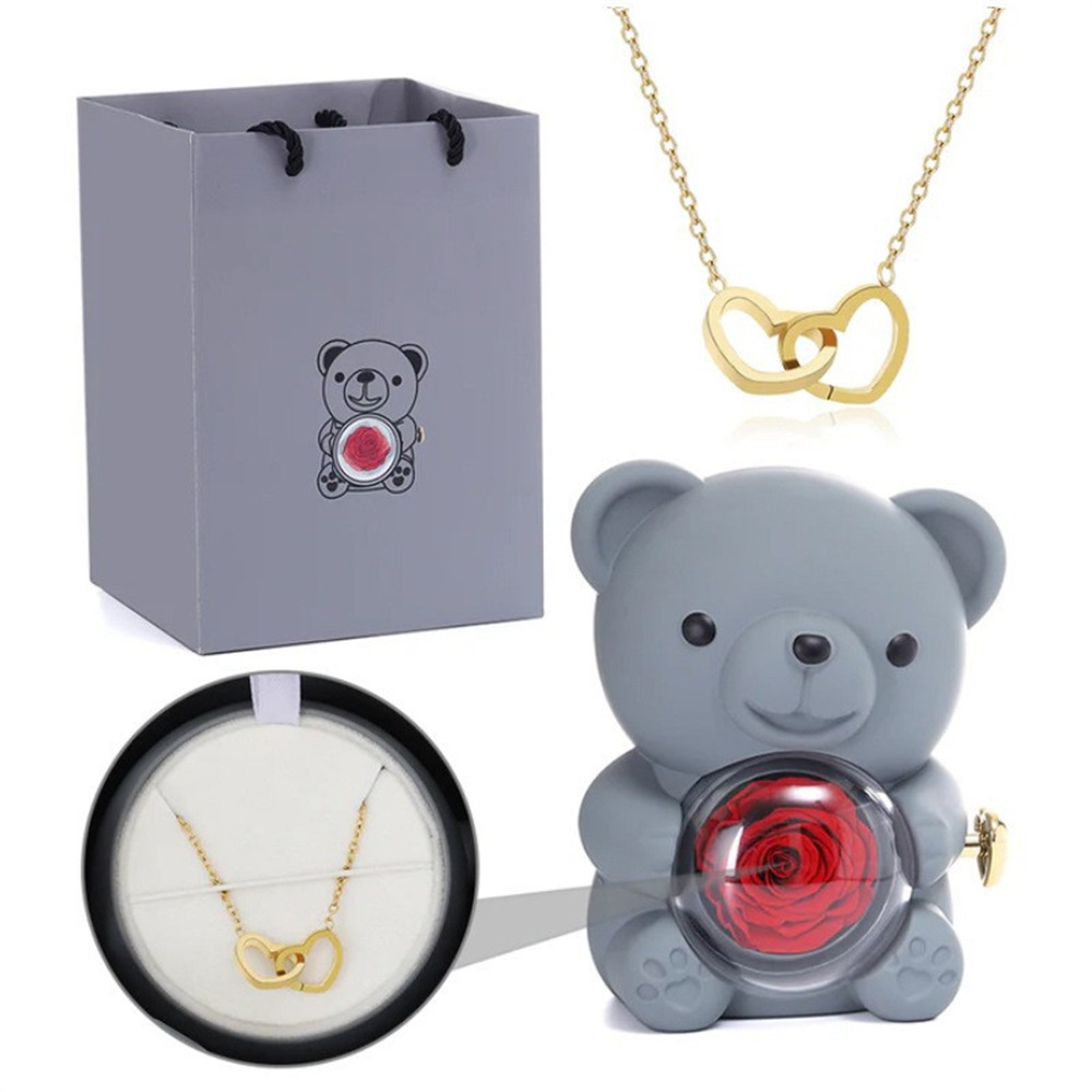 Engraved double heart rotating bear rose jewelry box, cuddly bear preserved flower gift box, rose necklace gift box - Image 6