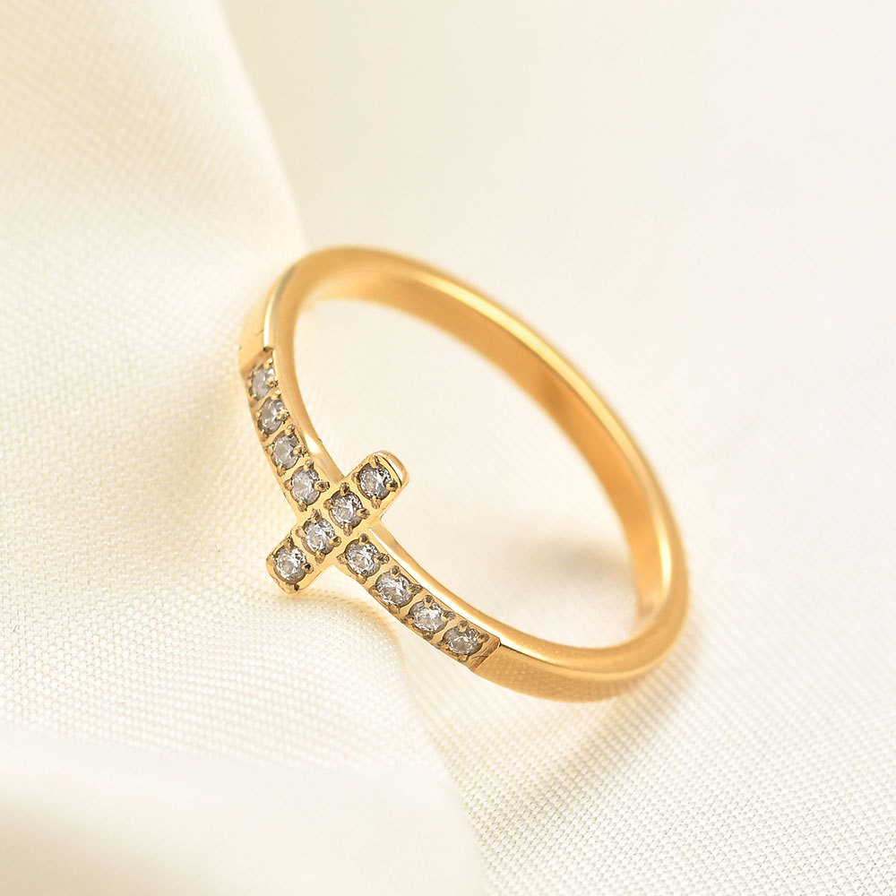 European and American cross-border minimalist and unique 7MM stainless steel titanium steel diamond-encrusted cross ring, elegant and versatile, best-selling jewelry. - Image 2