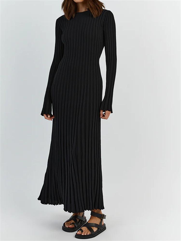 Long-sleeved round neck tight knitted long skirt 2023 new autumn sweater skirt pit solid color bottoming European and American dress - Image 6