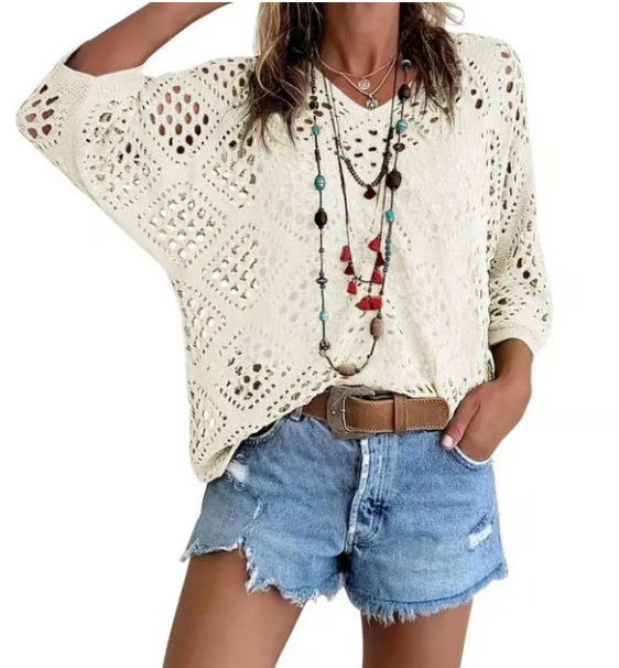 Cross-border e-commerce, Europe and America, Amazon Spring/Summer V-neck diamond-patterned openwork batwing sleeve women's sweater cover-up knitwear - Image 25