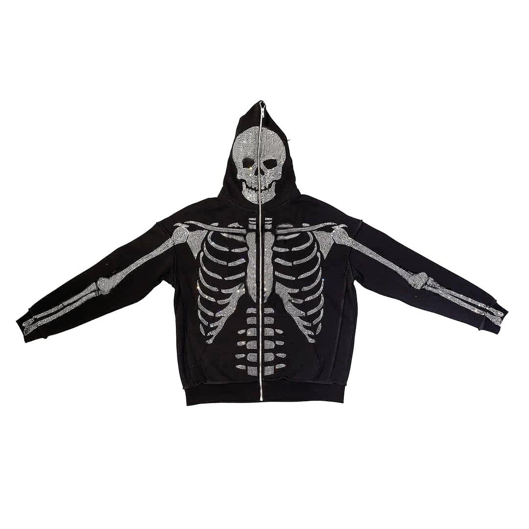 2022 AliExpress New Ladies Street Hoodie Skull Rhinestone Zipper Hooded Hoodie - Image 7