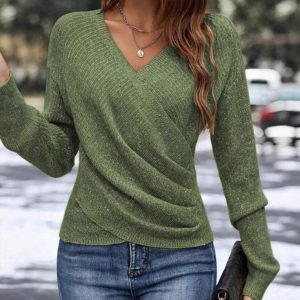 In-stock, cross-border e-commerce, Amazon, eBay, and independent websites: Popular V-neck long-sleeved crossover solid color knit sweater.