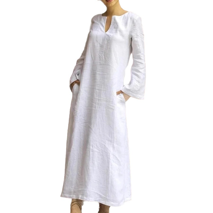 European and American cross-border trade women's clothing, elegant, simple, solid color, loose casual V-neck straight dress, midi skirt - Image 5