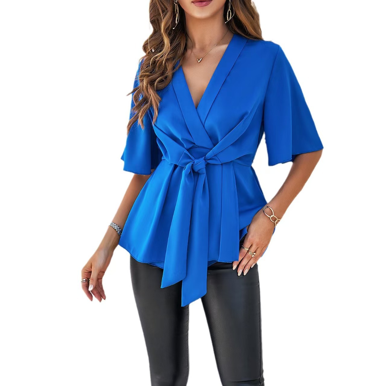 Amazon cross-border e-commerce women's clothing spring/summer V-neck solid color elegant five-sleeve tie waist-cinching top - Image 4