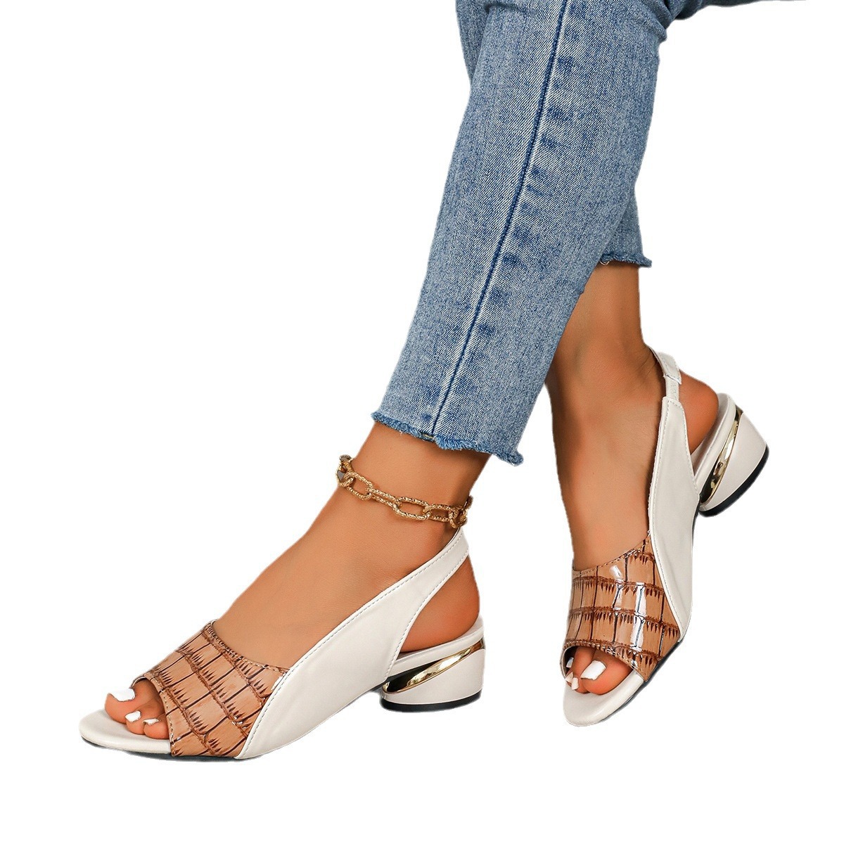 Cross-border foreign trade large size women's sandals 2024 summer new style fish mouth splicing middle root one-word buckle North American style sandals - Image 7
