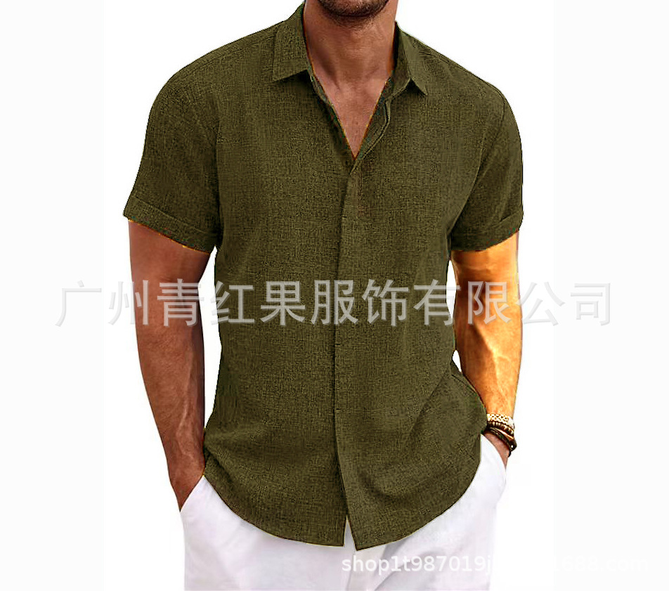Men's linen short-sleeved T-shirt loose sweatshirt solid color short-sleeved cotton and linen shirt men's beach large size men's short-sleeved shirt - Image 18