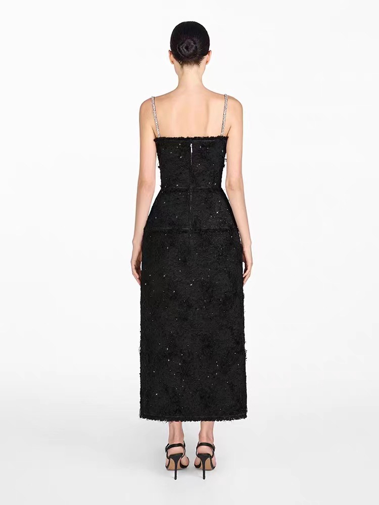 Spot temperament bow edge suspender long skirt celebrity slim waist black dress 40223 - Image 7