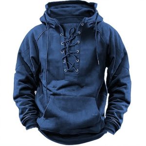 #Solid Color Cross-border Plus Size Men's Outdoor Retro Drawstring Hooded Long-sleeved T-shirt Autumn Casual Top In Stock