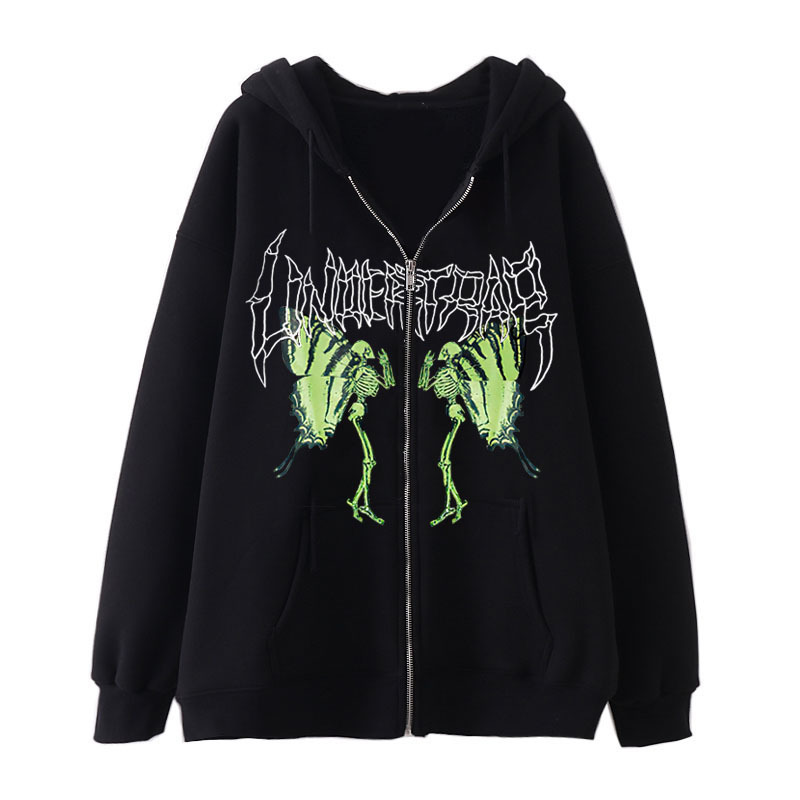 New arrival Skull Wings Hooded Zipper Sweatshirt Women Korean Style Plus Velvet Thickened Loose Sports Cardigan Sweatshirt Women - Image 35