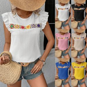 2025 European and American cross-border women's clothing Amazon independent website spring/summer new crochet hollowed-out lace short-sleeved shirt top