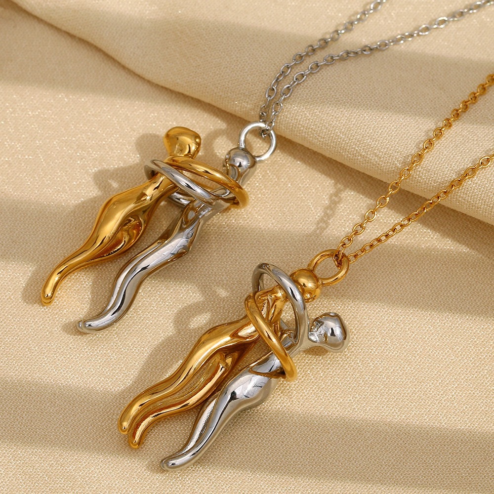 Cross-border jewelry, European and American fashion niche design creative pendant, stainless steel 18K gold lovers' embrace couple necklace - Image 2