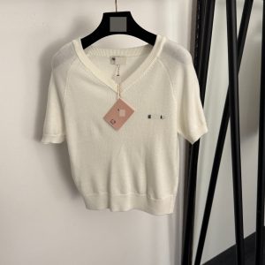 Nanyou High-End Foreign Trade Style Slim Fit Dopamine Casual Simple Logo Letter V-Neck Short-Sleeve Knit Top