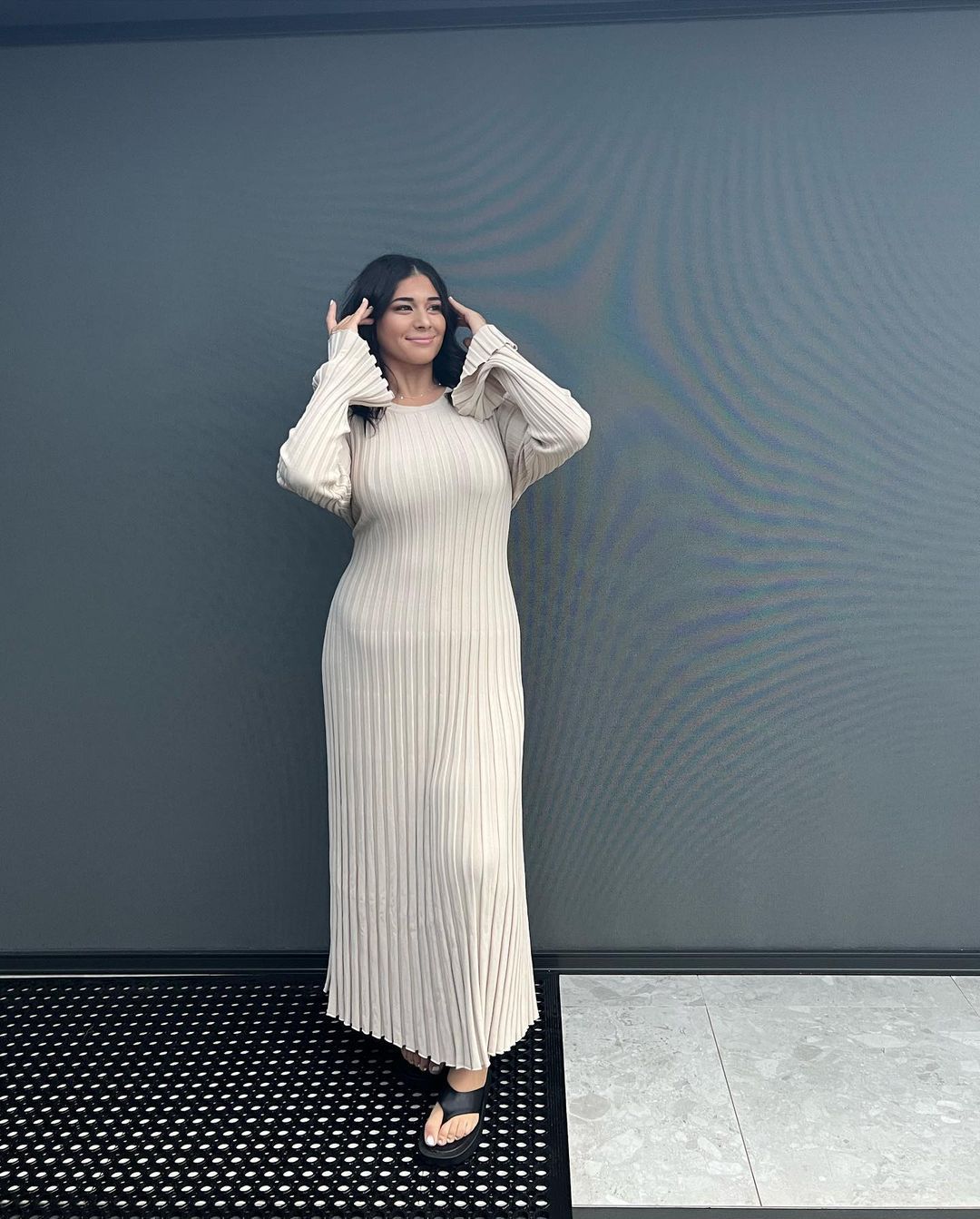 2023 cross-border autumn and winter new knitted dress casual waist round neck big pit strip slim knitted long skirt female - Image 11