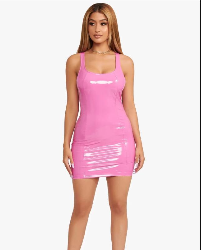 2022 color imitation leather dress zipper PU high elastic round neck one-piece short skirt four-sided elastic leather skirt package hip skirt - Image 9