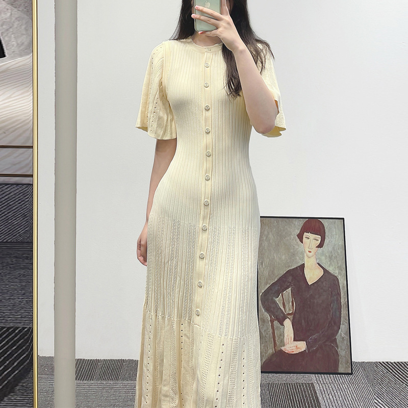 Foreign trade Middle Eastern celebrity style new style temperament waist trumpet sleeve knitted dress ladies round neck single breasted long skirt - Image 2