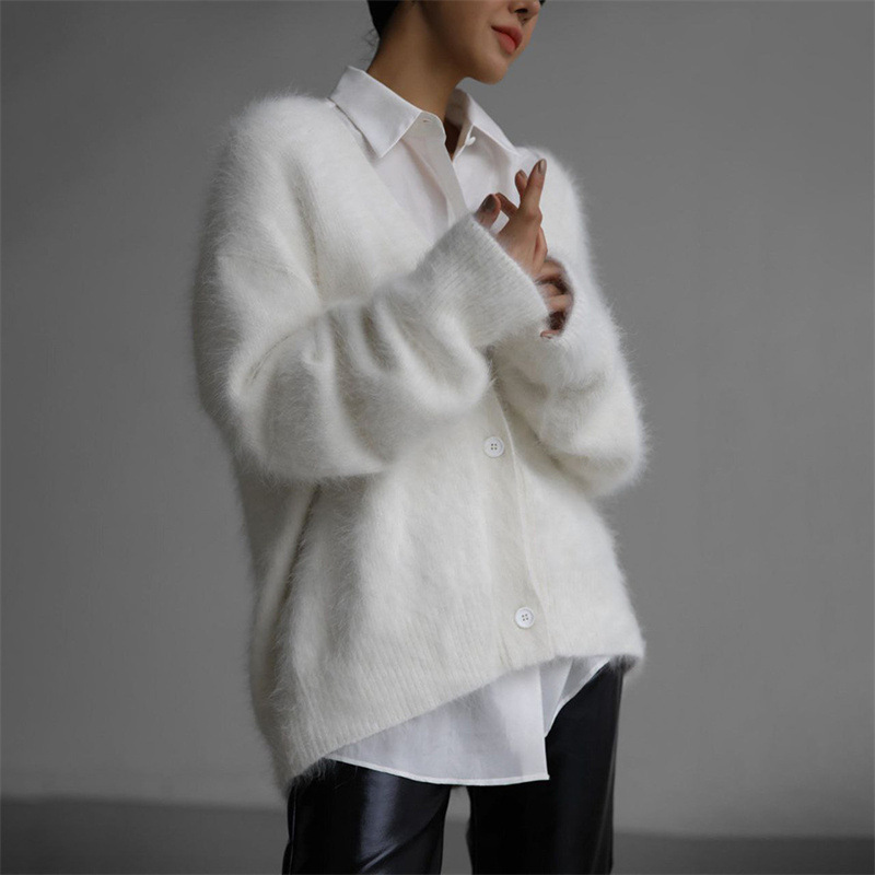 2025 Cross-border European and American Foreign Trade Faux Mink Fur Knitted Cardigan Women's Lazy Style Loose Soft V-neck Sweater Coat - Image 10