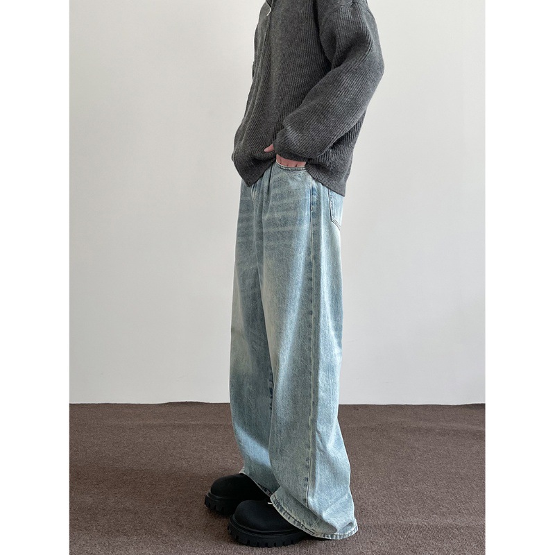 American high street cleanfit washed blue wide-leg jeans for men and women ins trend loose straight vibe pants - Image 2