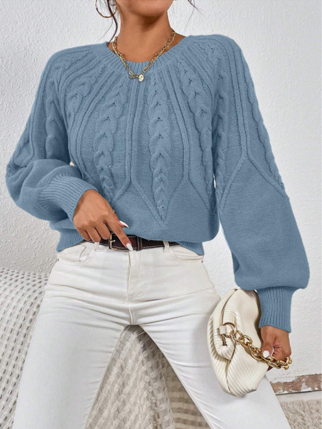 Amazon pullover crew neck knit sweater, cross-border foreign trade, long-sleeved cable knit solid color autumn and winter versatile knit top for women - Image 34