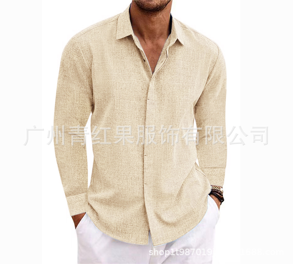 Men's linen long-sleeved T-shirt loose sweatshirt solid color long-sleeved cotton and linen shirt men's large size men's shirt - Image 11