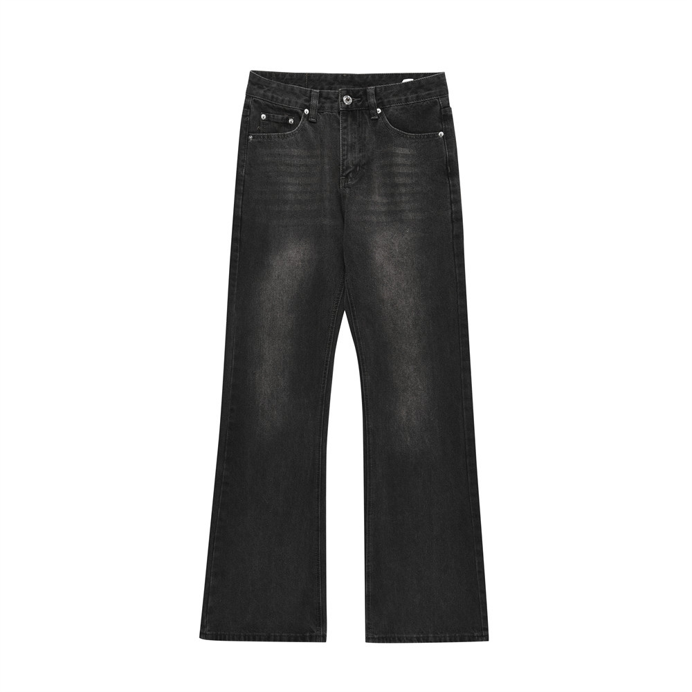 Washed denim flared pants, American retro casual floor-length trousers, men's high street trendy loose wide-leg flared pants